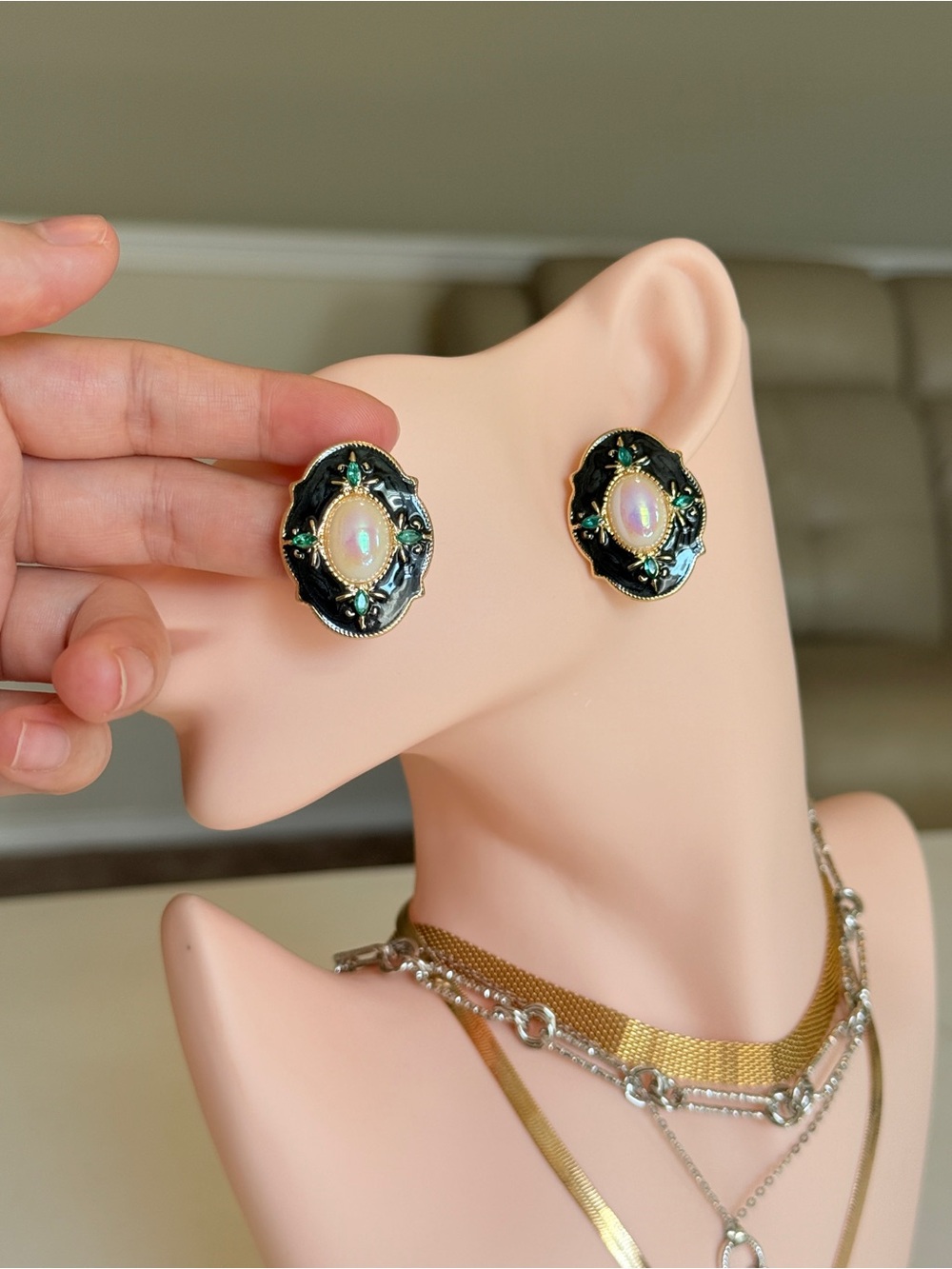 Elegant Black Enamel & Opal Cabochon Statement Earrings